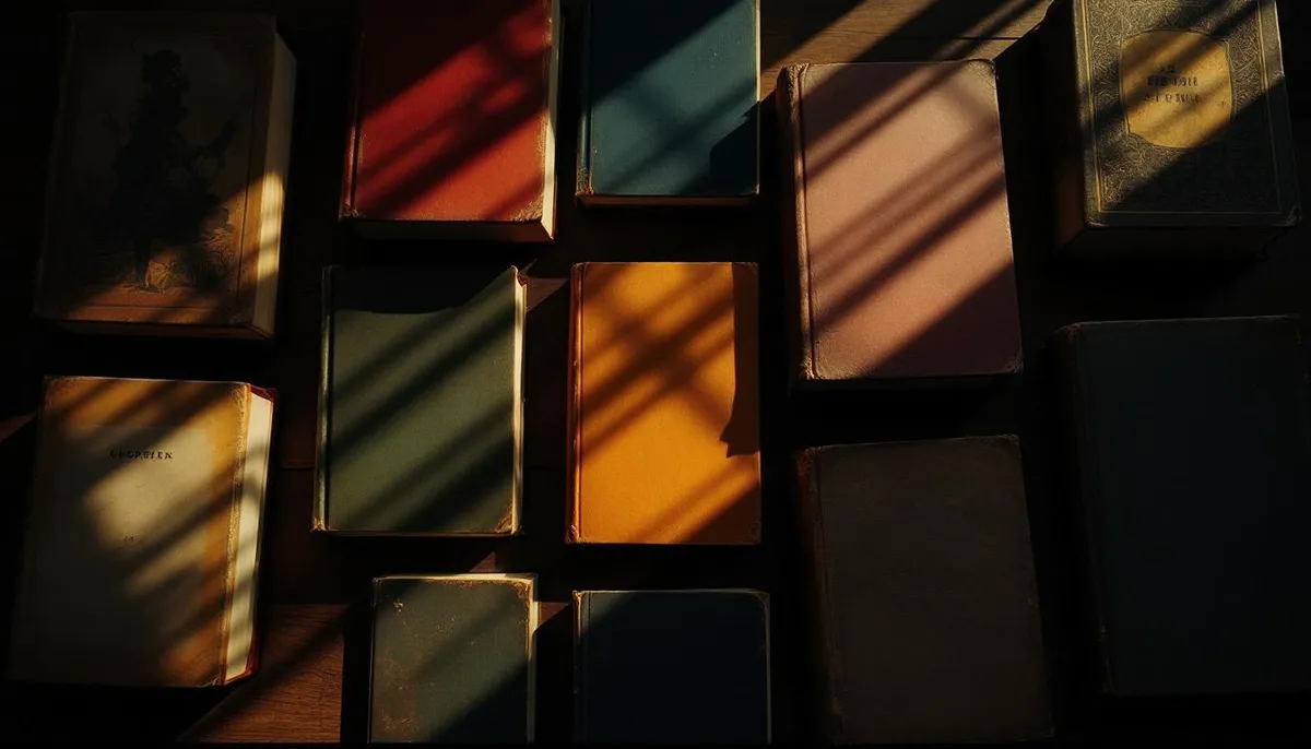 Twelve hardcover books arranged on a dark surface with warm light casting across the covers, representing books like The Emotion Collector: Awakening