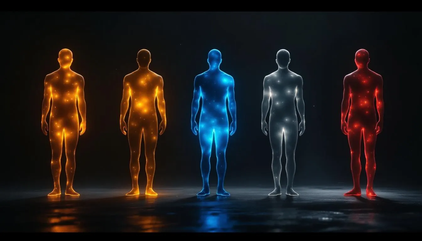 Five glowing silhouettes representing the main Emotion Collector characters, each lit with a different warm color against a dark background.